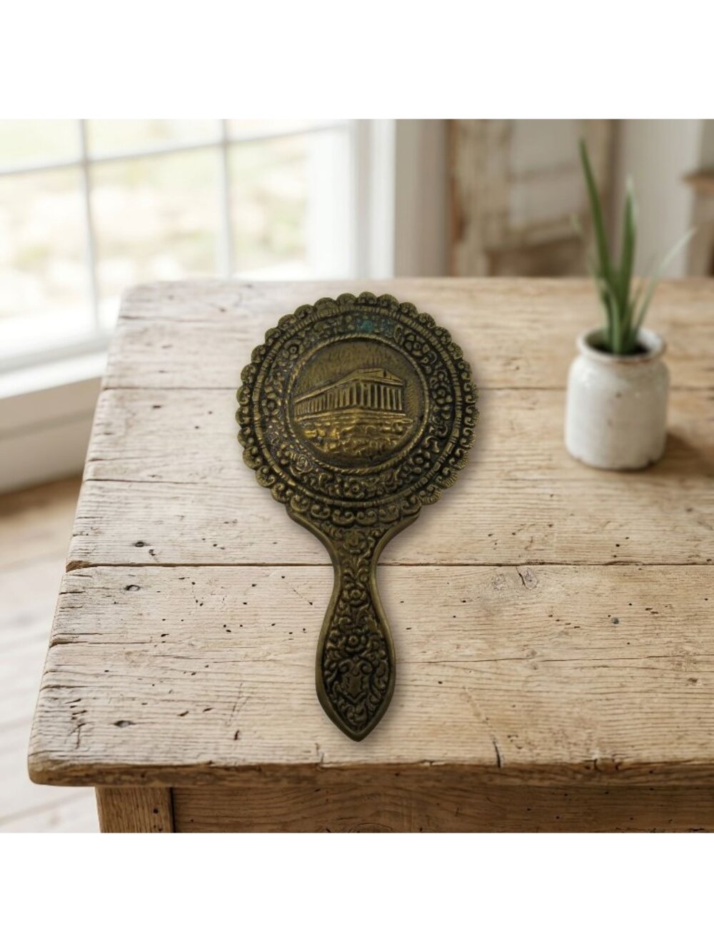 Greek Architecture Brass Hand Mirror with Intricate Floral Vintage 5.9"